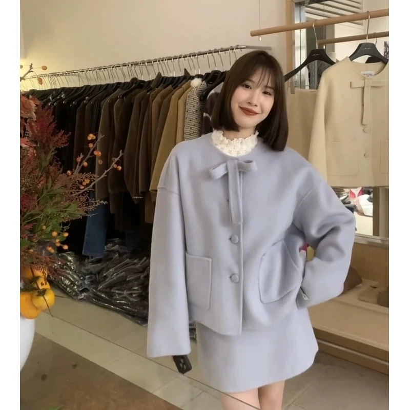 小香风冬季毛呢套装女法式名媛气质轻熟减龄蝴蝶结外套短裙两件套