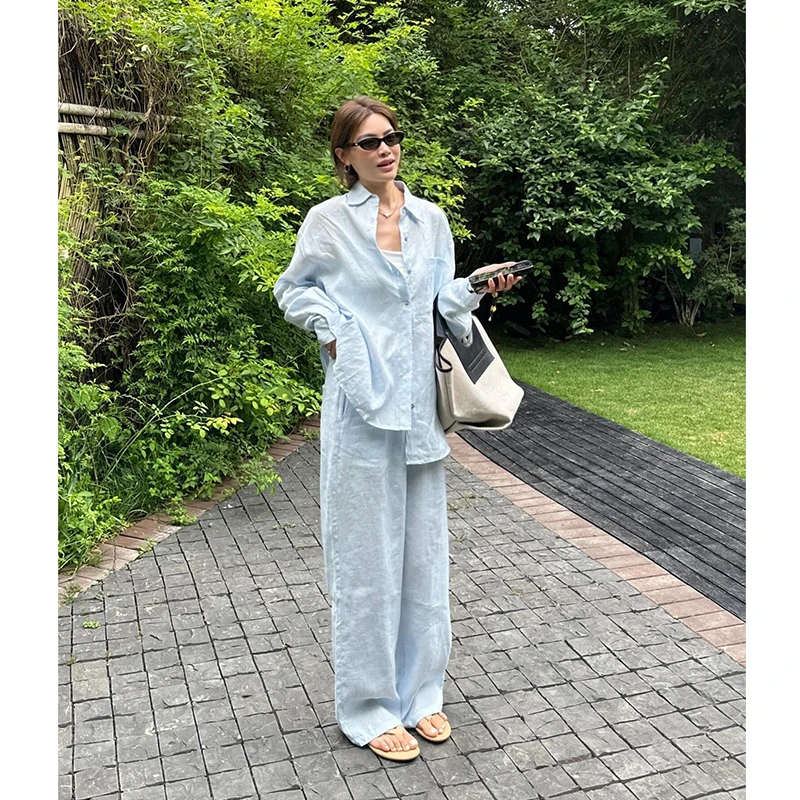 蓝色衬衫麻料套装女2025初秋款老钱风休闲慵懒宽松百搭亚麻两件套