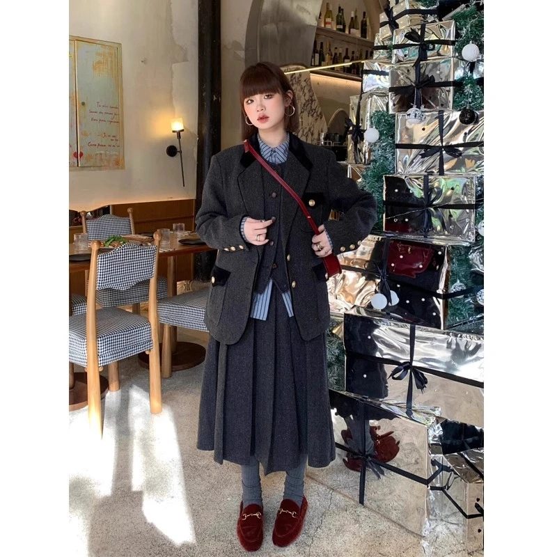 韩剧穿搭冬季毛呢套装女高级感复古夹棉休闲英伦学院风西装三件套