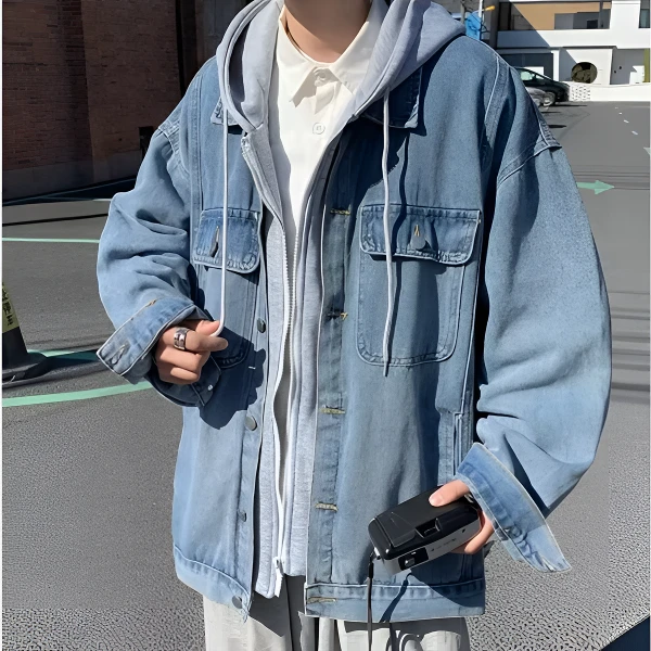 痞帅牛仔夹克男春秋潮牌ins连帽宽松百搭外套潮流韩版假两件上衣