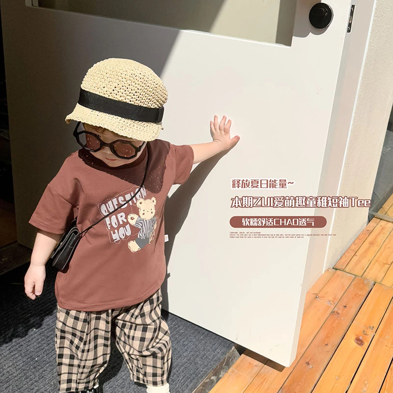 阿小轩阿小轩2023夏装新款男童复古印花短袖T恤儿童宽松半袖上衣