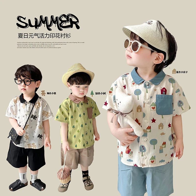 阿小轩【买不完】2025全棉多色印花衬衫夏季短袖轻薄休闲儿童上衣潮