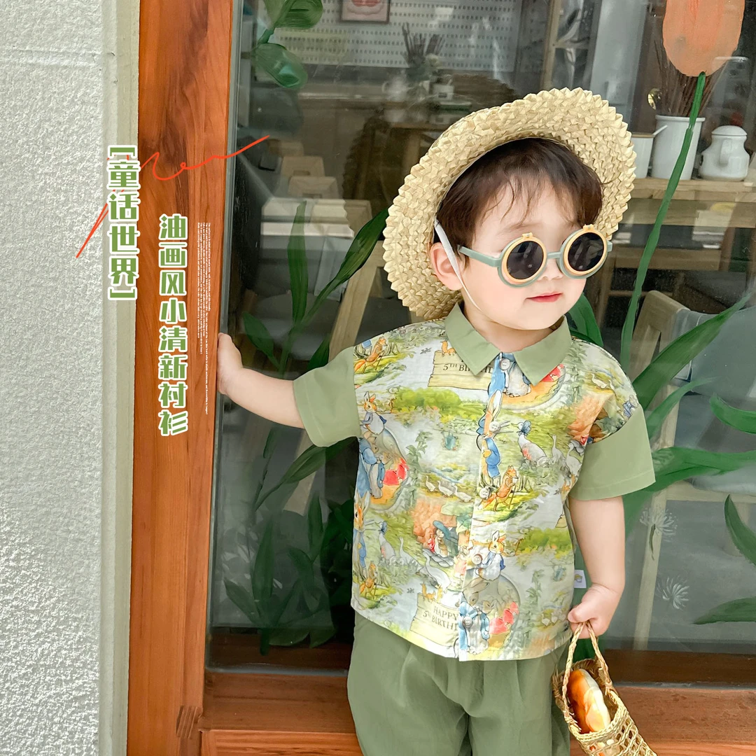 阿小轩夏季新品男薄款童短袖衬衫儿童度假风满印半袖衬衣森林精灵