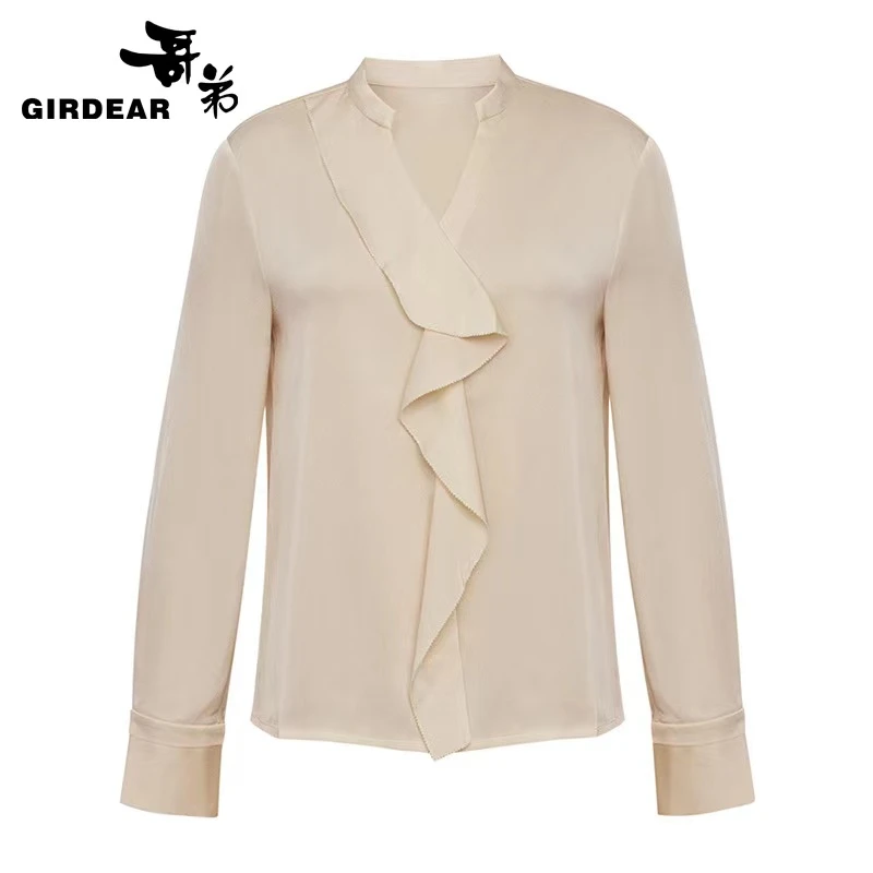 GIRDEAR/哥弟哥弟新款气质优雅荷叶边立领长袖丝滑衬衫1301036