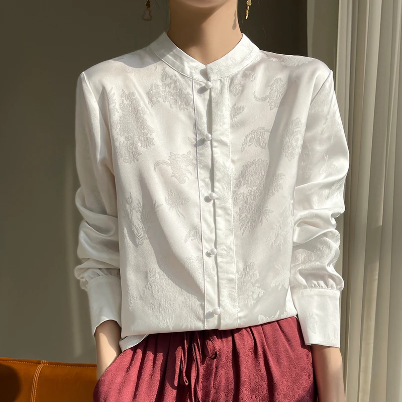 中式立领提花衬衫女春时尚气质纯色长袖宽松白色衬衣百搭打底上衣
