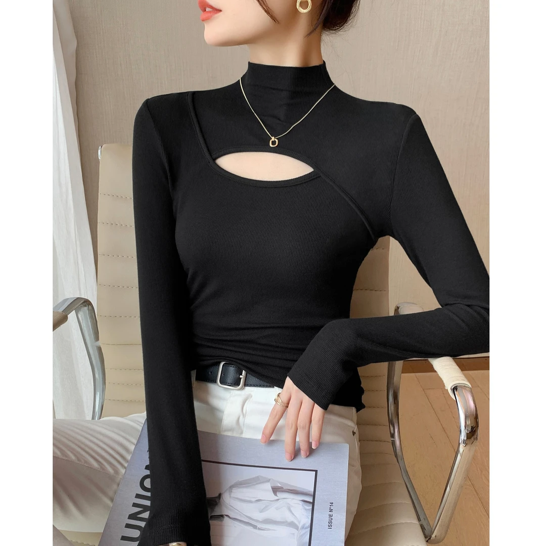 黑色半高领打底衫女内搭长袖秋冬2024新款螺纹镂空修身性感上衣