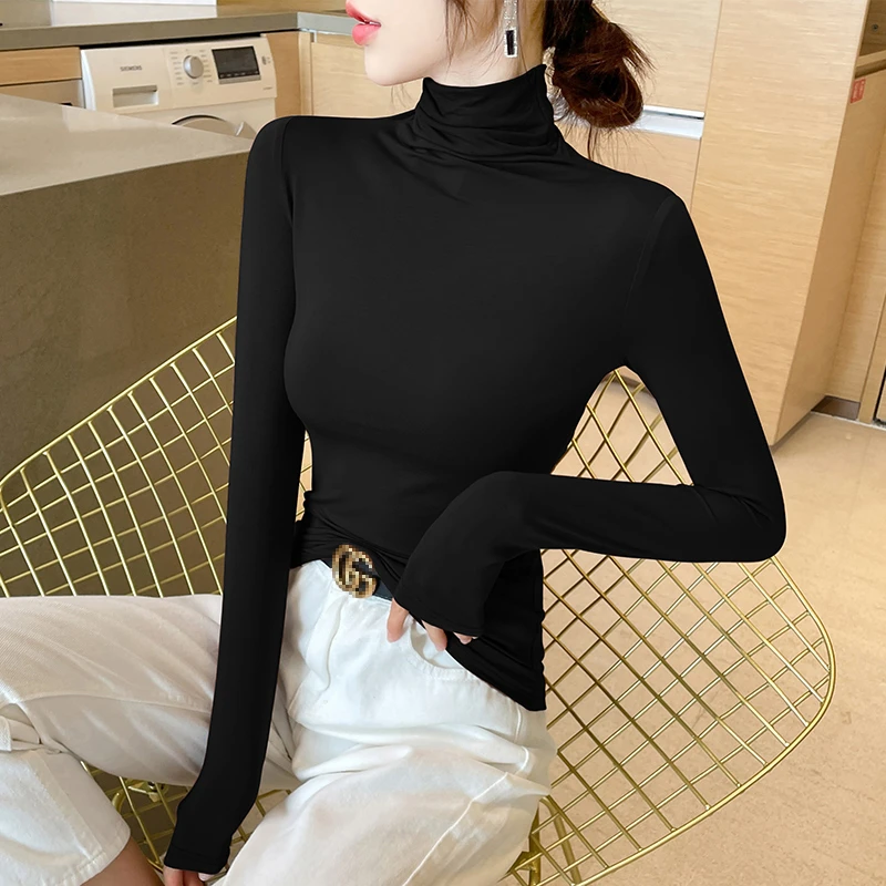 黑色莫代尔高领打底衫女内搭秋冬2022年新款长袖紧身洋气女士体恤