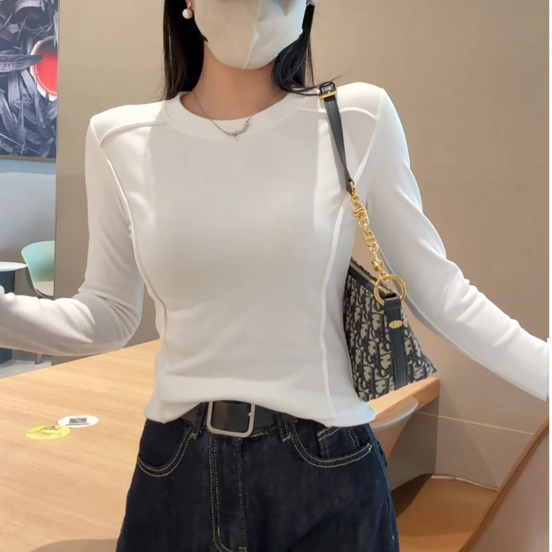 新款白色长袖t恤打底衫女2024年修身显瘦设计感鱼骨德绒保暖上衣