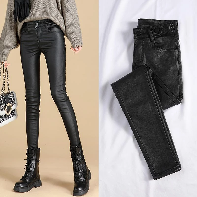 亚光皮裤女高腰2025年冬季加绒黑色紧身显瘦小脚裤加厚修身打底裤