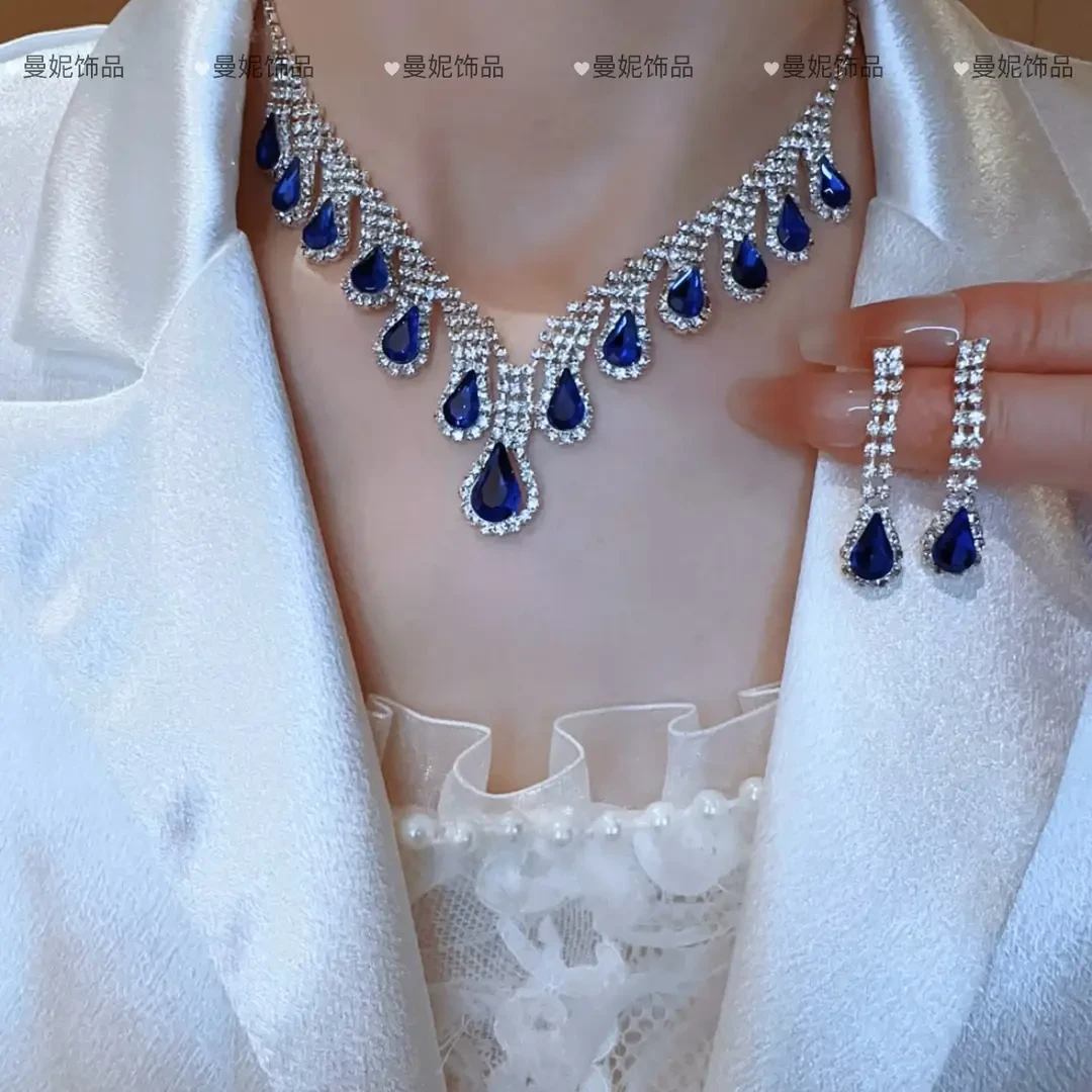 时尚百搭满钻精致连体水滴项链耳钉两件套