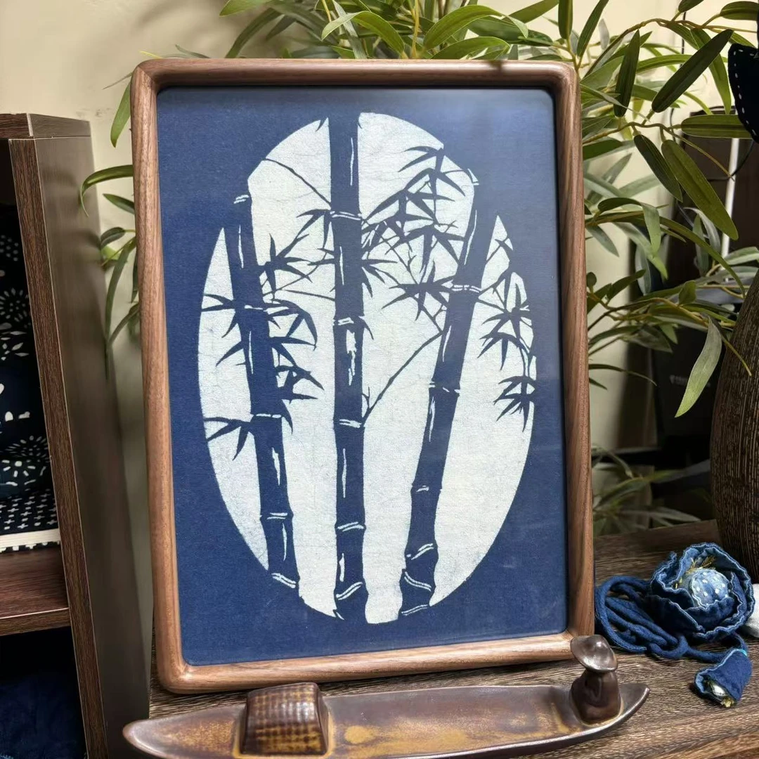 纯手工非遗南通二甲蓝印花布制装饰画台摆黑胡桃木实木书房茶室