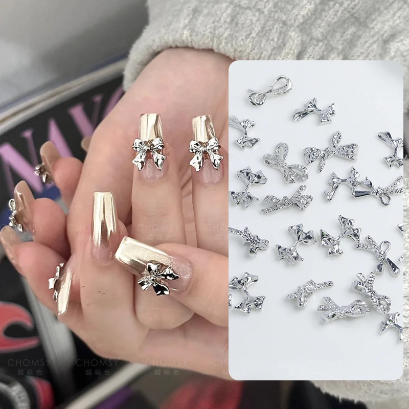 瑶瑶美甲钻饰品网红合金银色蝴蝶结50颗混装简约镂空合金美甲钻饰