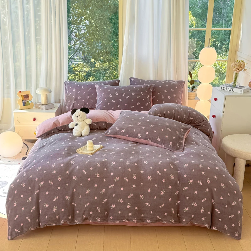 241103双面牛奶绒四件套冬款圆角吊边床单印花加厚轻奢四件套