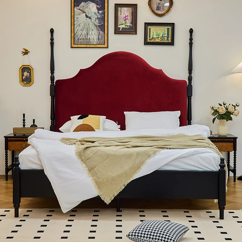 中古风美式复古白蜡木实木床主卧室双人床绒布软包床罗马柱床