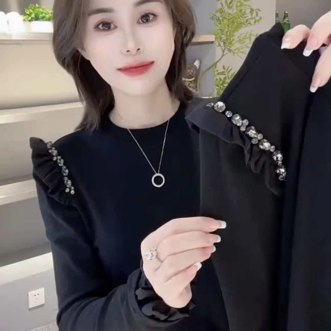 新款韩版时尚气质圆领菲菲边重工加绒洋气修身显瘦打底衫