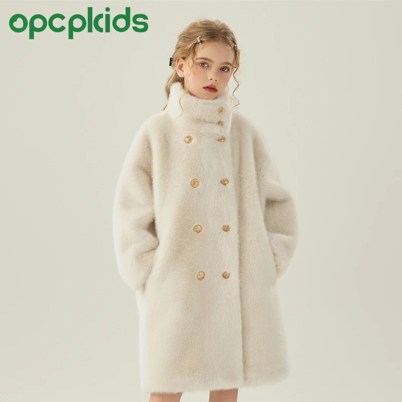 OPCP儿童精仿水貂外套秋冬新款女童保暖女孩毛毛大衣中长款OP3322