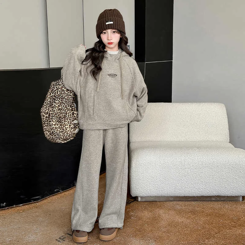 女童秋冬新款加绒加厚保暖洋气休闲韩版百搭中大童连帽卫衣/裤