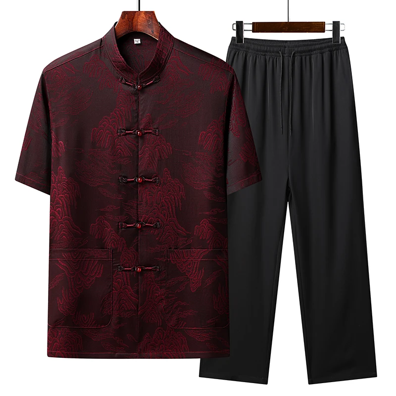 夏季唐装男大码短袖套装中老年新中式宽松半袖中国风夏季薄款休闲
