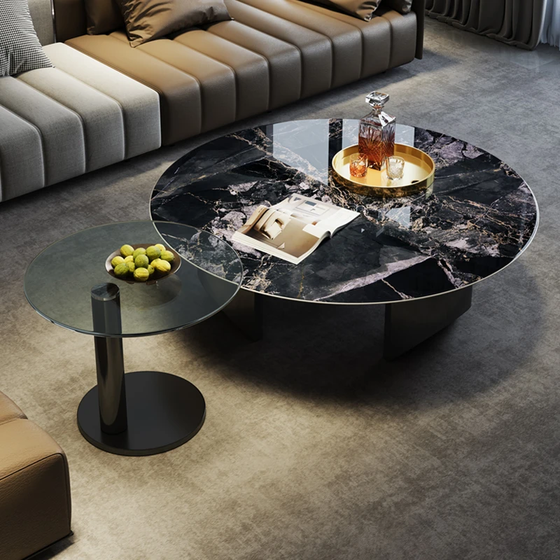 高端圆形超晶石茶几组合小户型意式简约现代家用极简轻奢风茶几