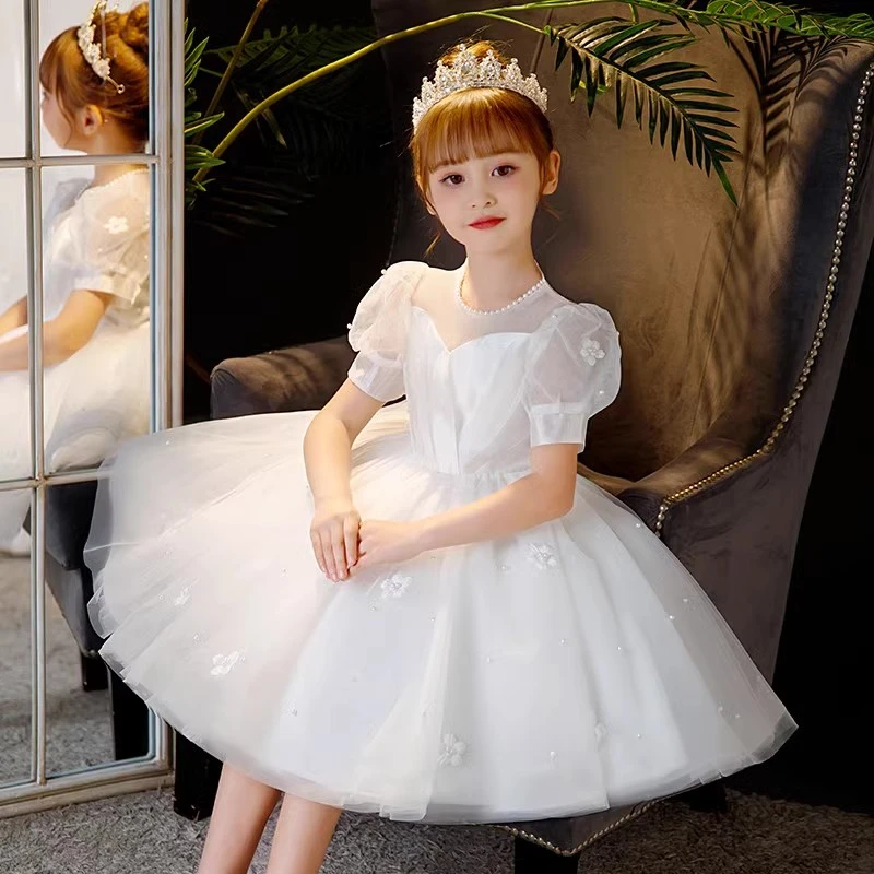 女童礼服2024新款夏季儿童洋气生日白色公主裙小女孩花童蓬蓬婚纱