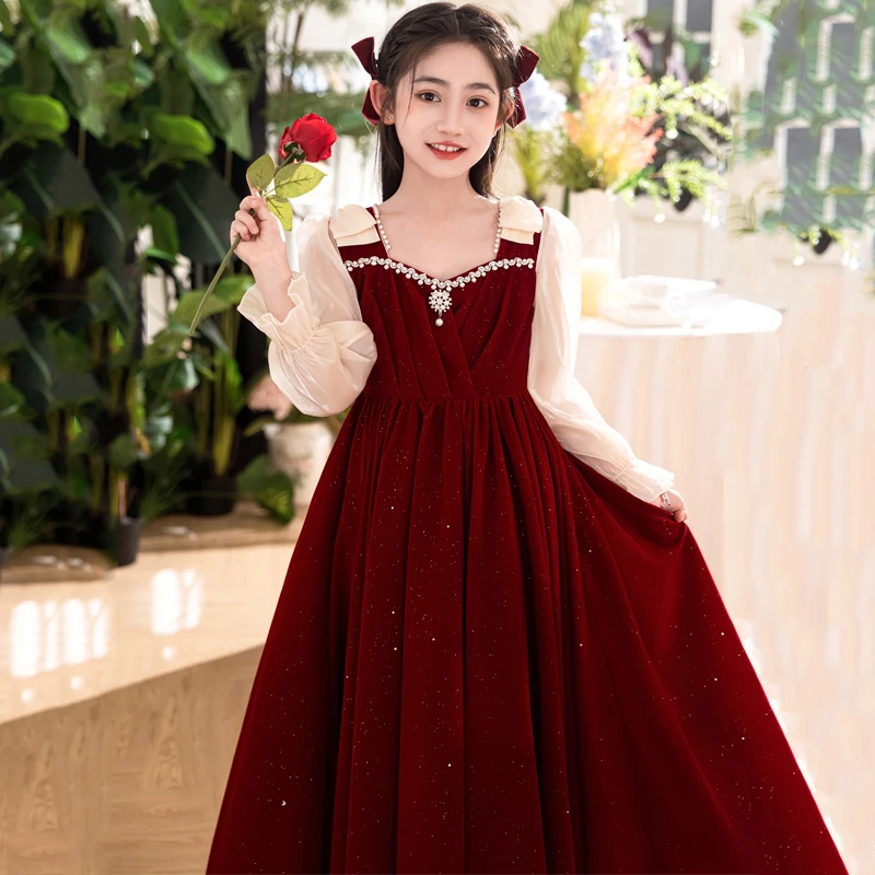 女童红色礼服秋冬加绒高端公主裙新年拜年服轻奢端庄钢琴演出服