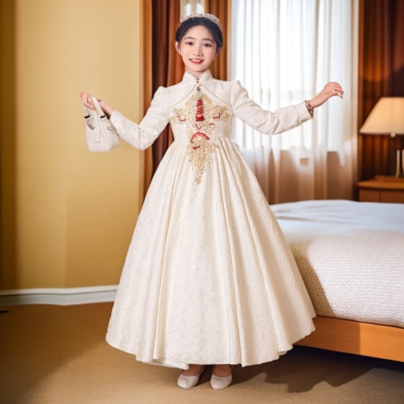 女童礼服冬中式亮片大气花童婚礼生日公主裙主持人演讲钢琴演出服