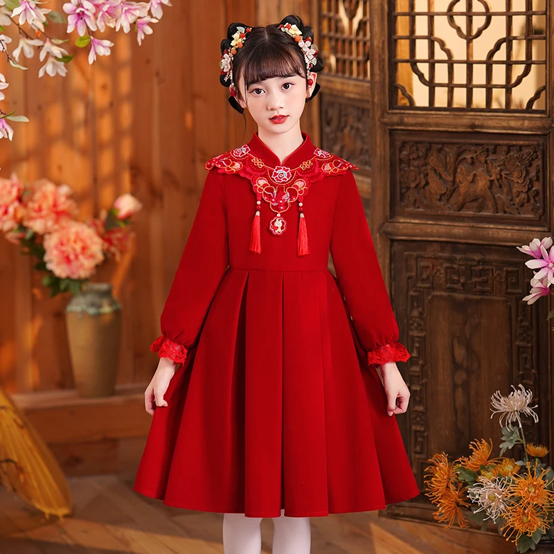 女童连衣裙秋冬2023新款秋冬童装加绒公主新年裙子儿童红色礼服裙
