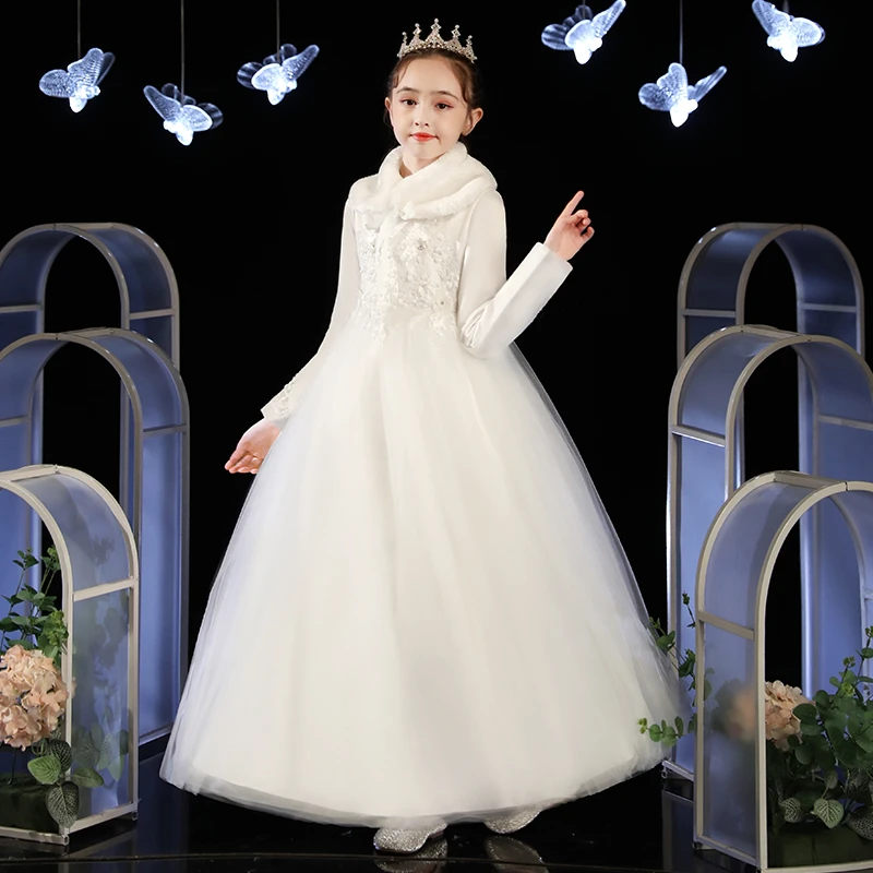 儿童晚礼服女童公主裙小孩花童婚纱生日走秀长袖主持人钢琴演出服