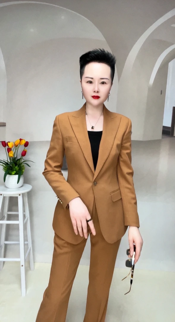 【白衣哥】卡其色毛料职业套装单排扣喇叭裤