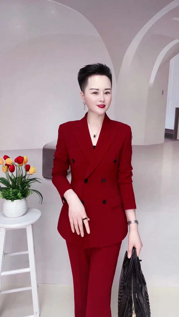 【白衣哥】酒红色厚款双排扣套装喇叭裤气质修身款