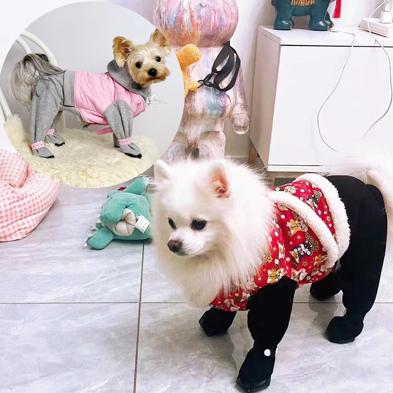新秋冬天加绒厚踩脚宠物猫咪公母狗四脚连体泰迪中小犬外出遛狗衣