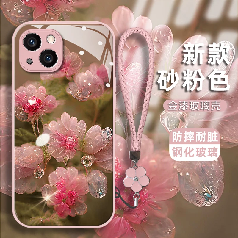 适用苹果13/14/15手机壳幸运粉花防刮金漆玻璃壳全包防摔保护套