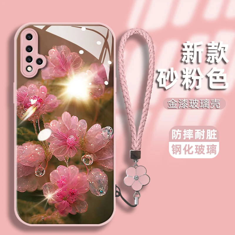 适用华为nova5手机壳水晶花防刮金漆玻璃壳镜头全包防摔保护套