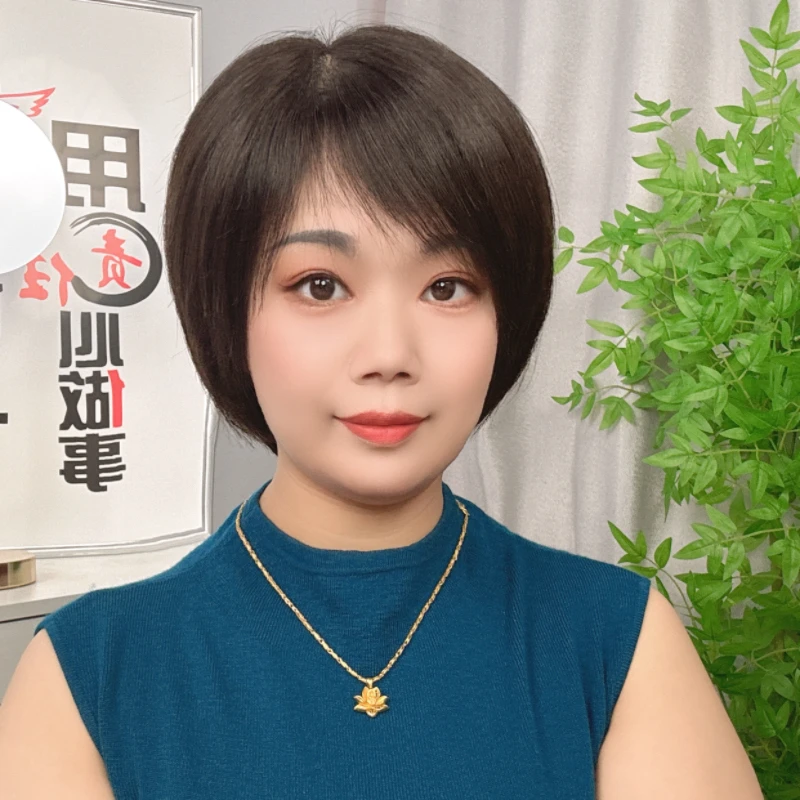 【夏季短碎发假发】气质短发手织真发逼真头皮遮白发全头法式