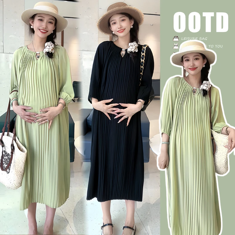 孕妇装2025新品春秋显瘦遮肉仙女裙压褶气质孕妇显瘦中长款连衣裙