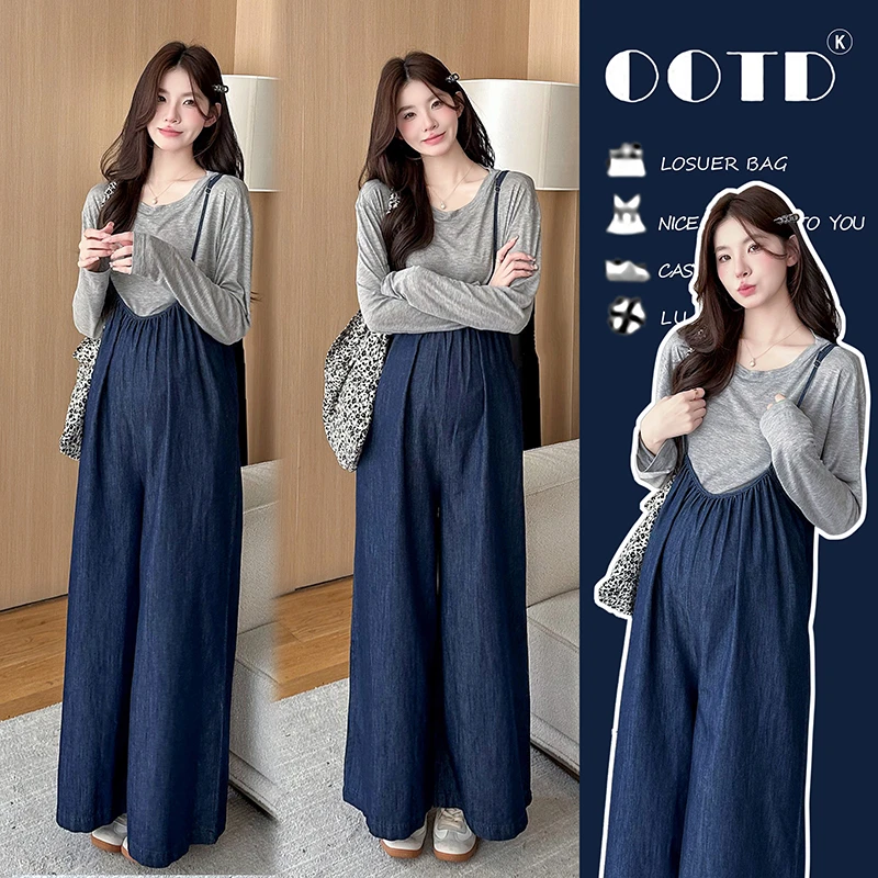 孕妇装2024秋季新款时尚洋气T恤孕妇装韩版休闲牛仔中长款背带裤