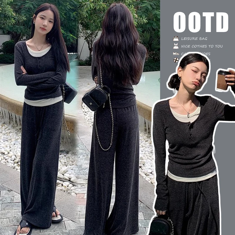 孕妇装新款春秋季假两件秋季时尚上衣宽松阔腿裤孕妇显瘦秋装套装