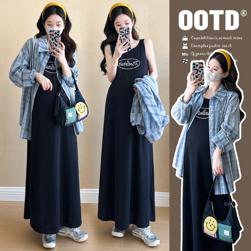 孕妇装2024秋季洋气新款时尚衬衣中长款吊带显瘦宽松秋冬连衣裙