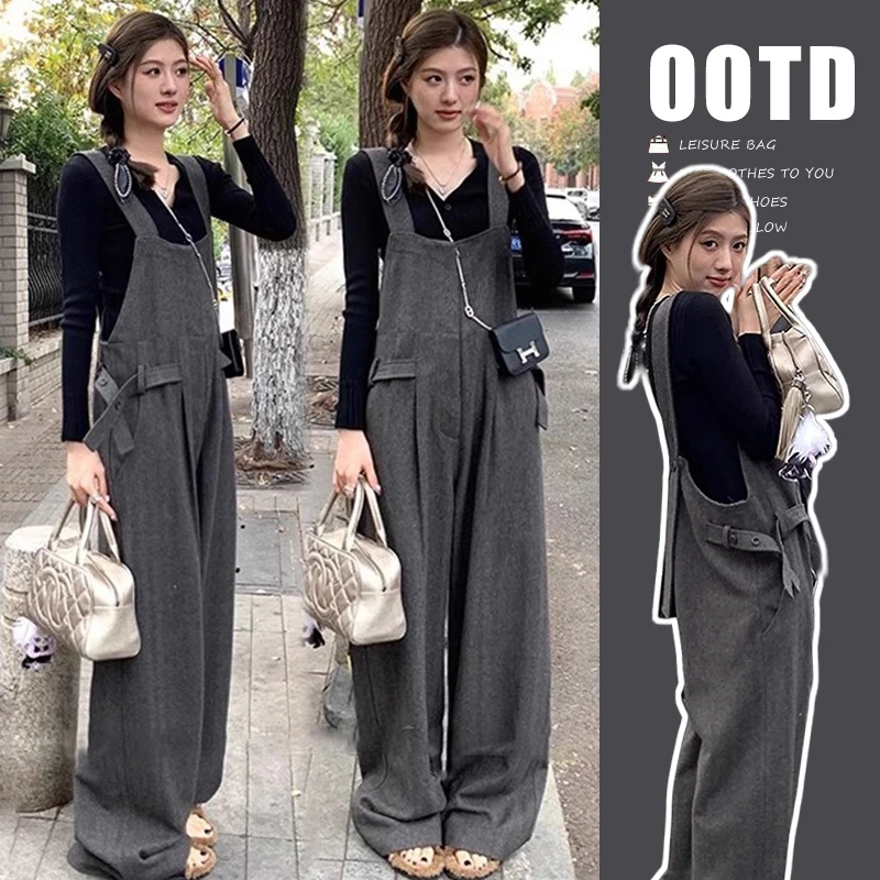 孕妇装秋季2024新款慵懒风毛呢孕妇中长款显瘦背带裤减龄黑色打底