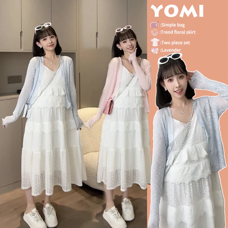 孕妇装连衣裙中长款春夏冰丝开衫配吊带蕾丝薄款夏季仙女气质镂空