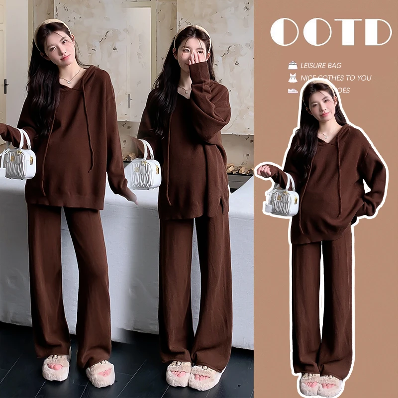 孕妇装秋冬2024新款韩版休闲显瘦中长显瘦连帽洋气上衣运动阔脚裤