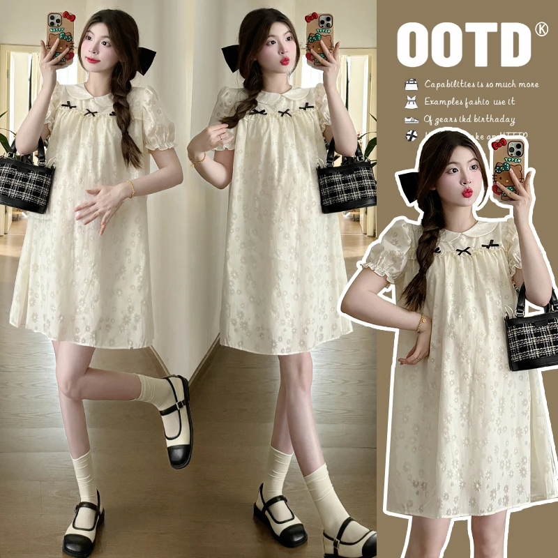 夏装2024新款时尚宽松娃娃裙泡泡袖夏季女高级感短袖孕妇连衣裙