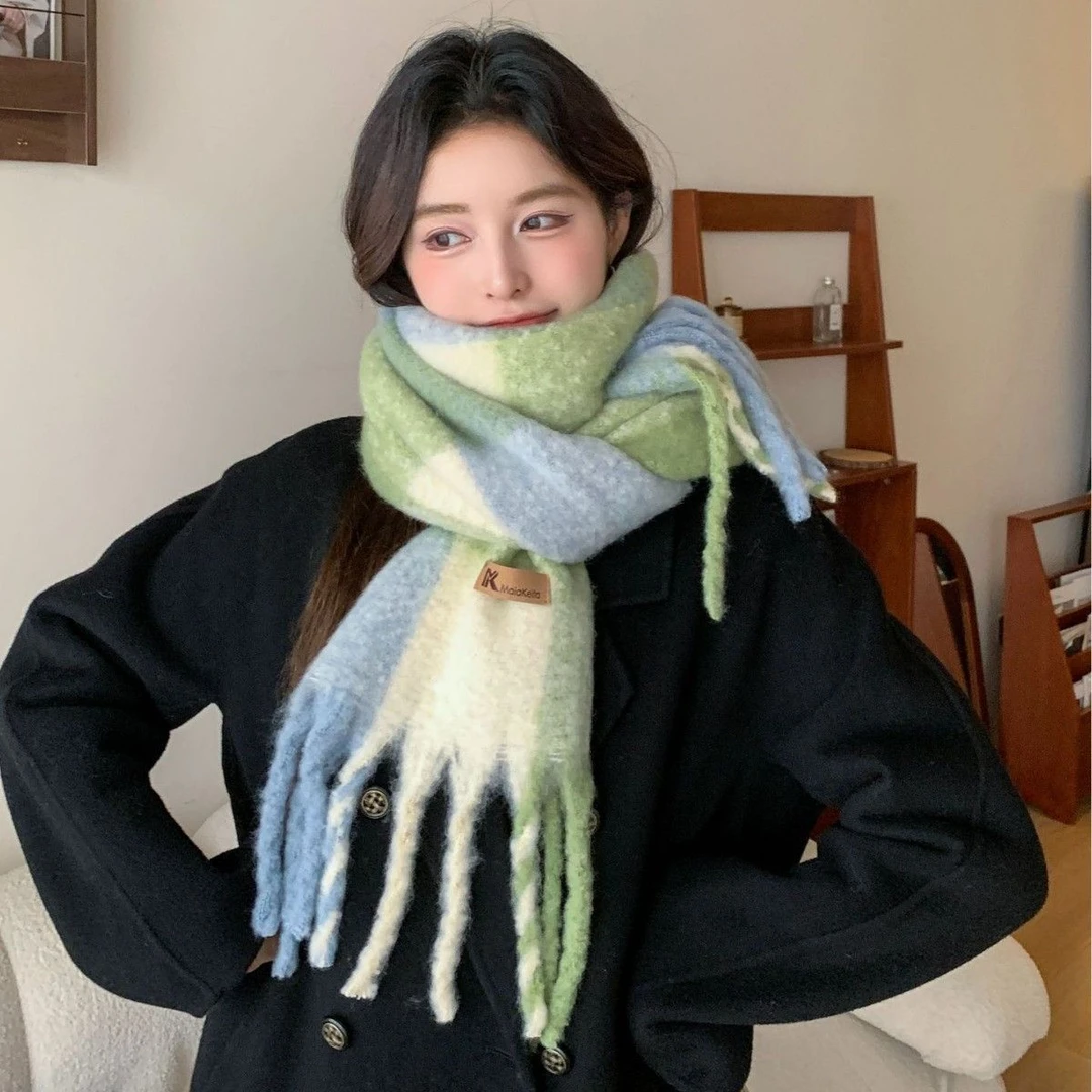围巾韩系氛围感围巾冬季围巾女冬季格子流苏彩虹围巾加厚长款围脖