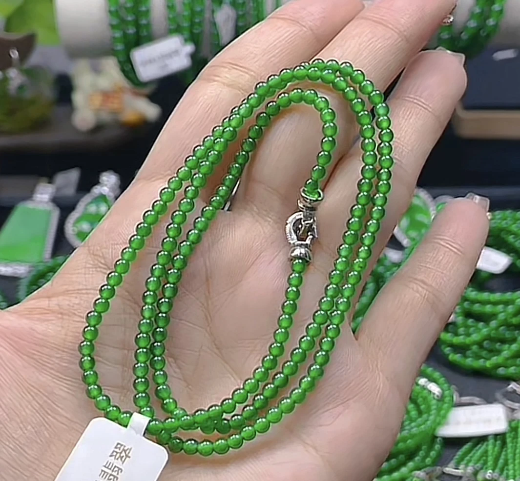 天然A货翡翠 满色满绿高冰种水卡3项链