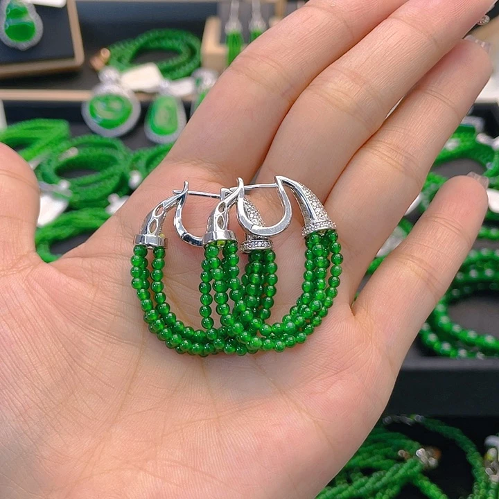 翡翠耳饰银S925镶嵌圆珠2.5