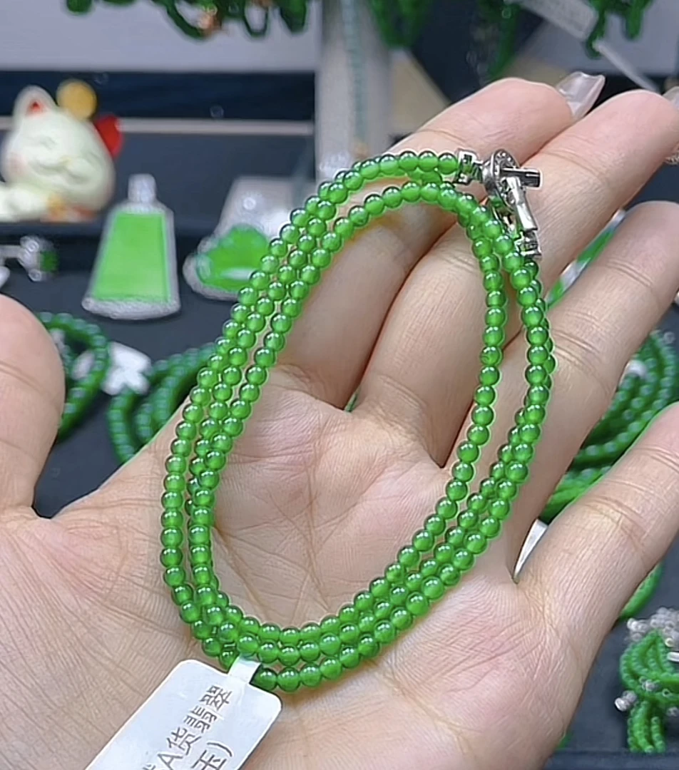 天然A货翡翠 高冰正阳绿卡3项链