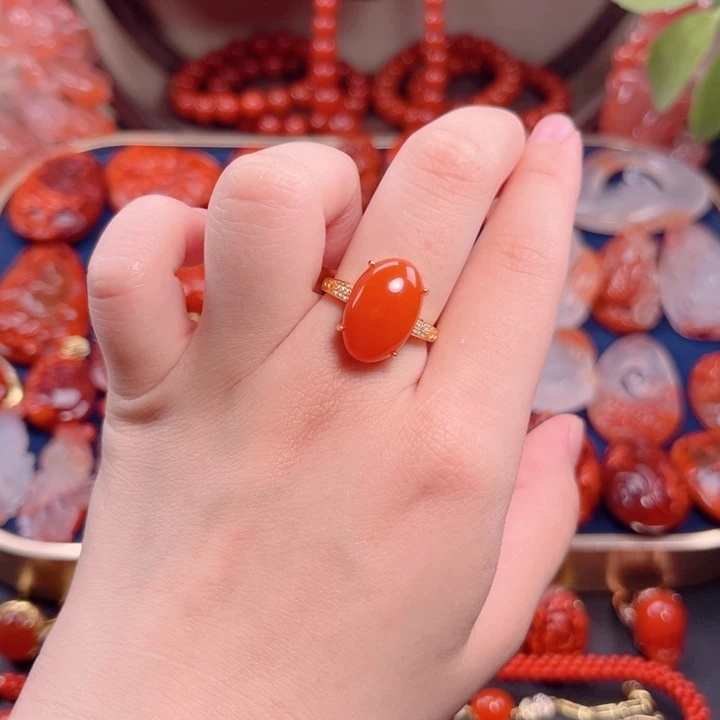 南红玛瑙戒指银S925镶嵌