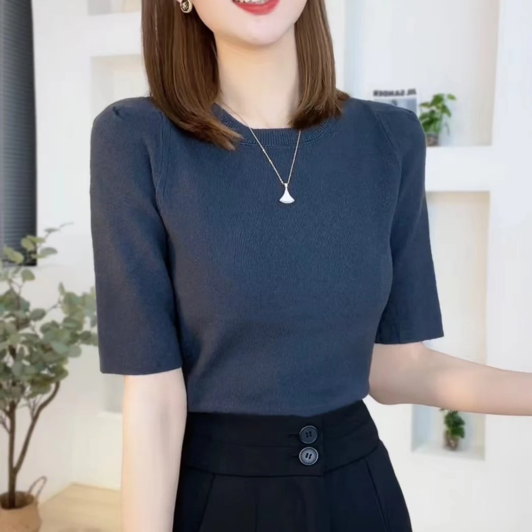 AIR LORDLY【落日余晖】春季圆领五分袖针织衫纯色套头显瘦针织短袖