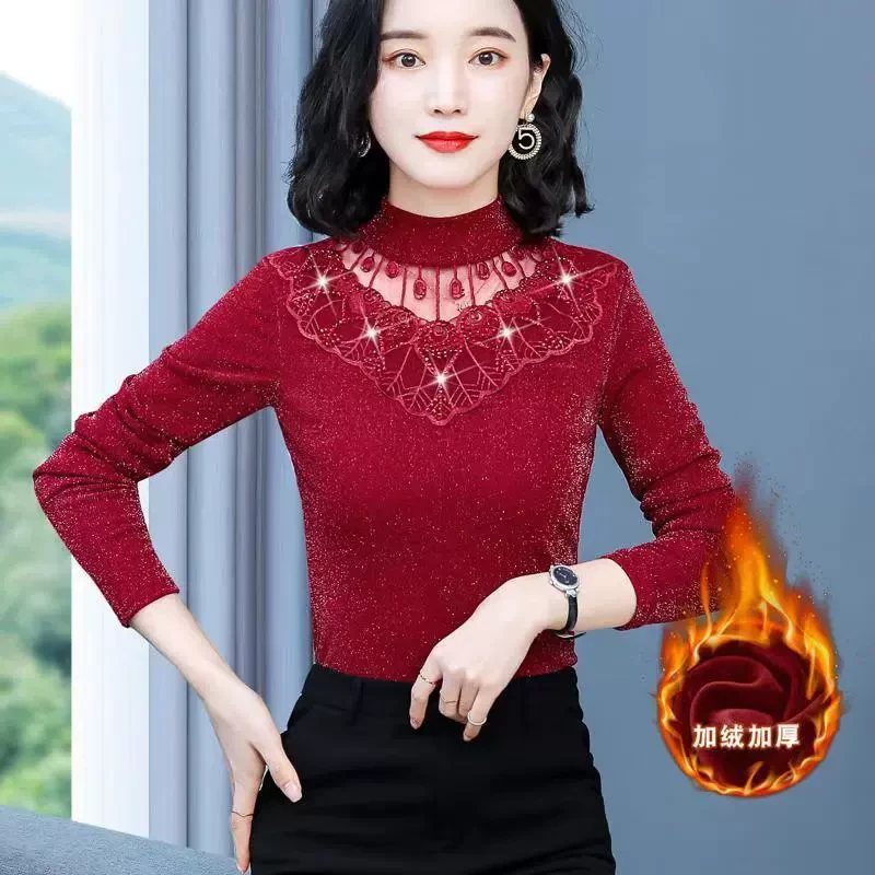 中老年保暖内衣女加绒加厚妈妈上衣秋冬季女士外穿蕾丝打底衫大码