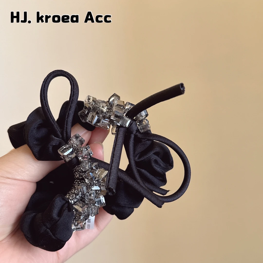 简约气质手工穿珠发圈2024新款蝴蝶结方糖水晶发圈女扎发马尾发饰